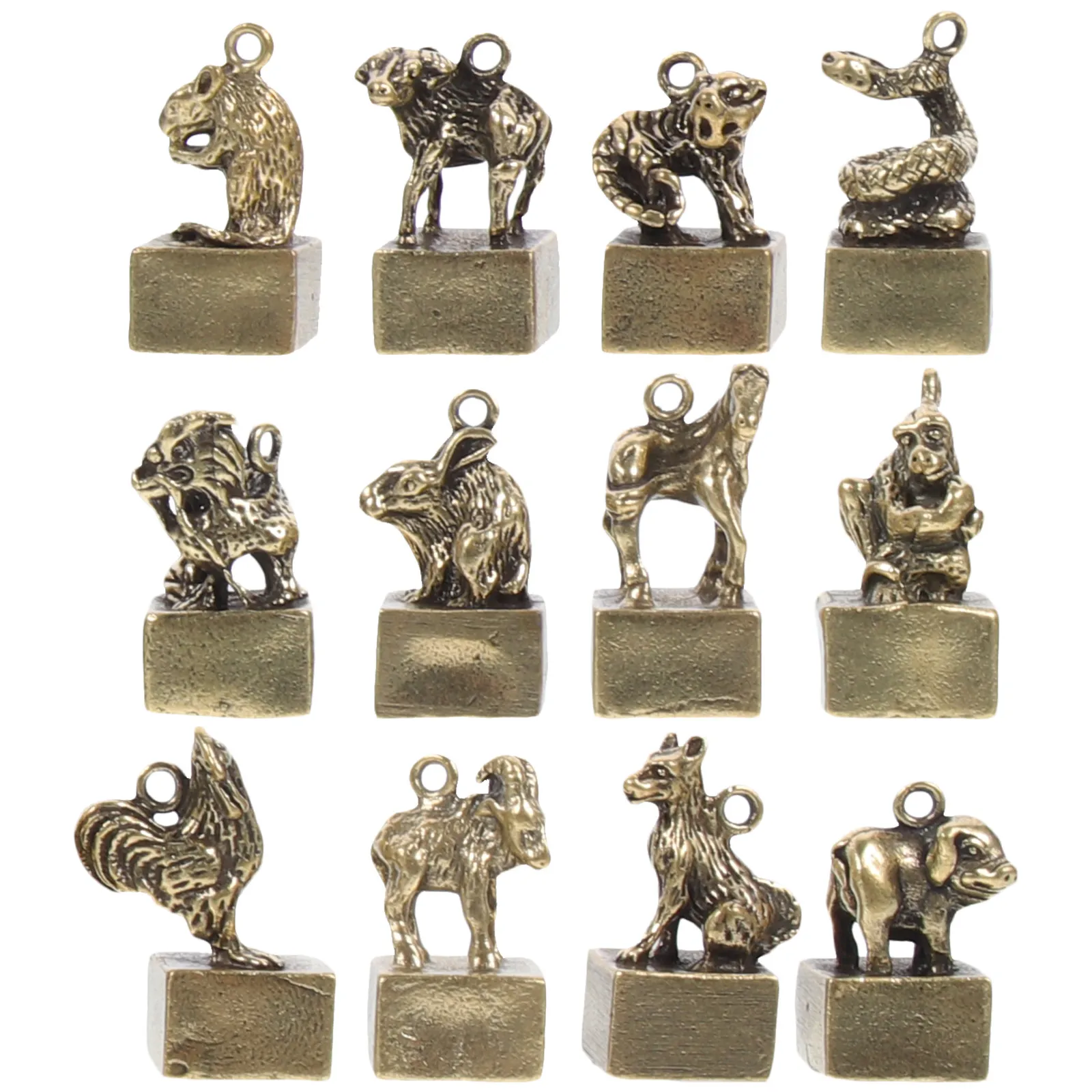 12Pcs Zodiac Stamper Key Chain Charms Vintage Brass Chinese Zodiac Animals Desktop Decor Unique Tabletop Ornament Gift
