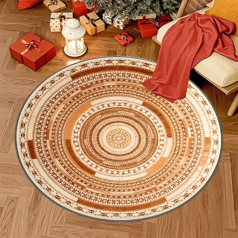 Round Boho Chevron Geometric Area Rug Neutral Beige Triangle Striped Pattern Decor Carpet For Bedroom Playroom Living Room