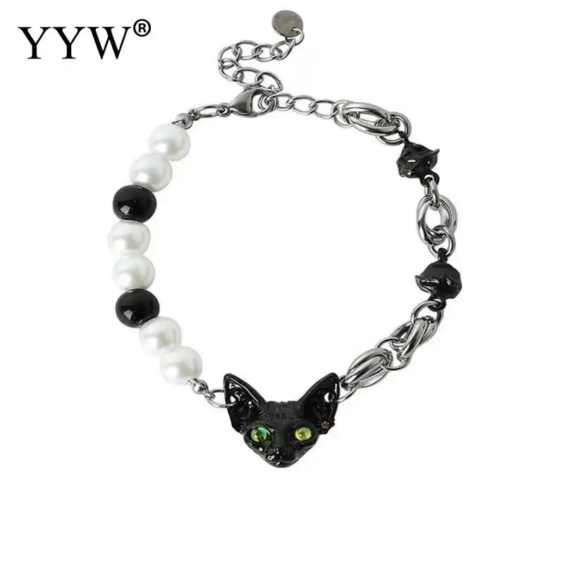 Black Sphinx Cat Gothic Punk Titanium Steel Bracelet For Women Girls Y2k Personality Creative Cat Hip Hop Party Jewelry 16.5cm