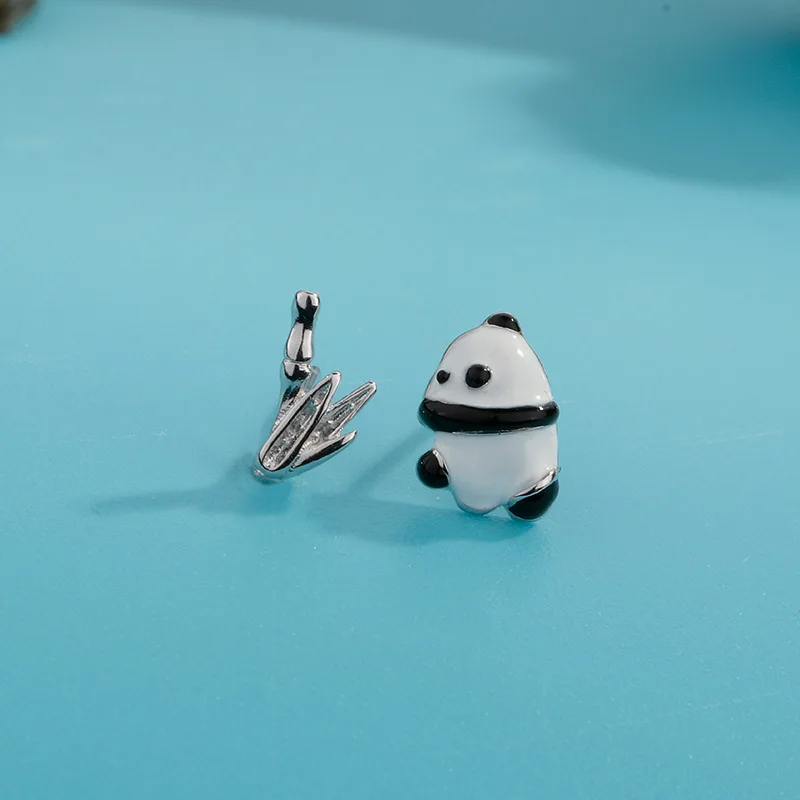 

925 Pure Silver Stud Earrings Fashionable Asymmetrical Design Bamboo Panda Unique Exclusive Type of Earrings for Women