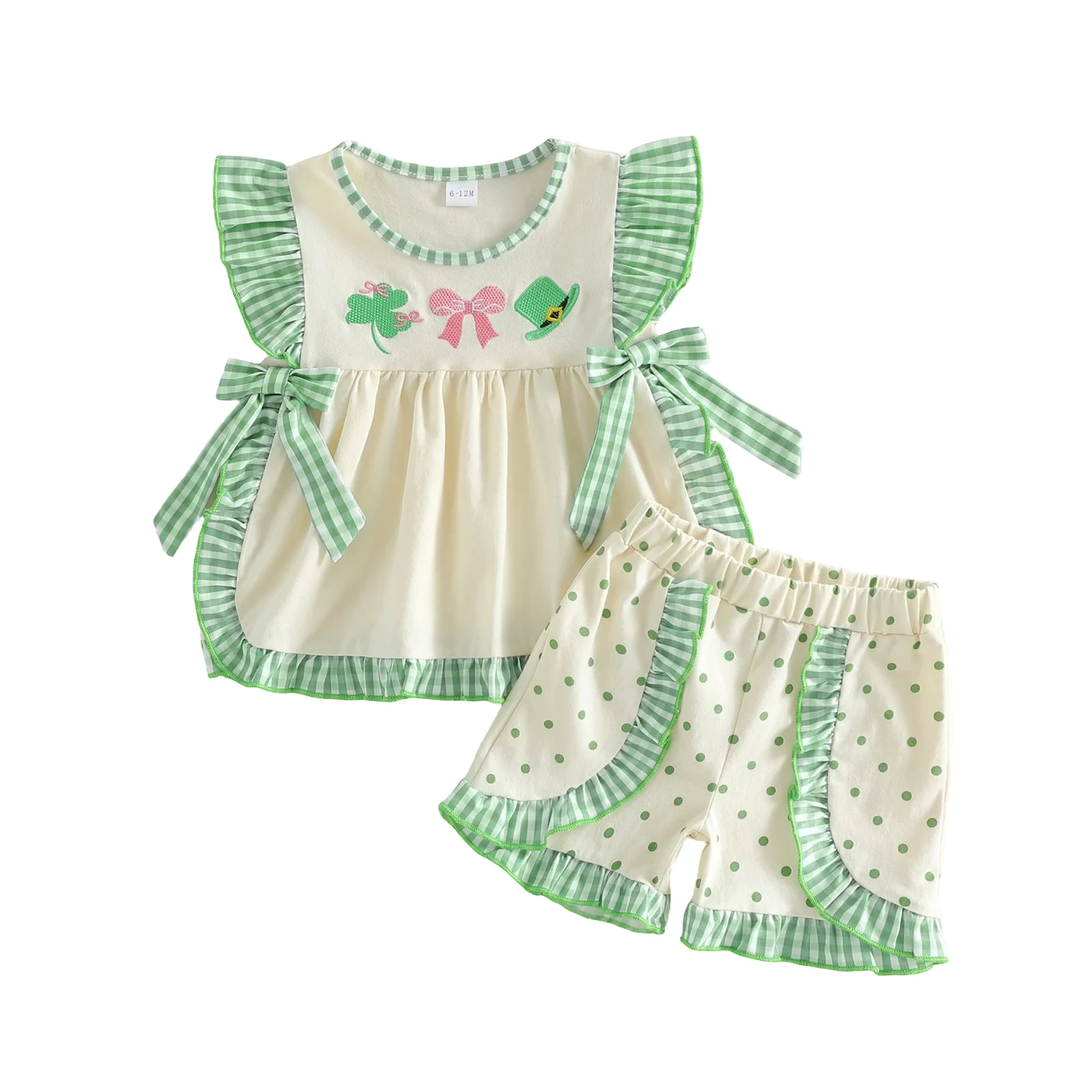 2Pcs Toddler Girls Irish Outfit Summer Flying Sleeve Crew Neck Shamrock Bow Embroidery Tops and Elastic Waist Shorts Set