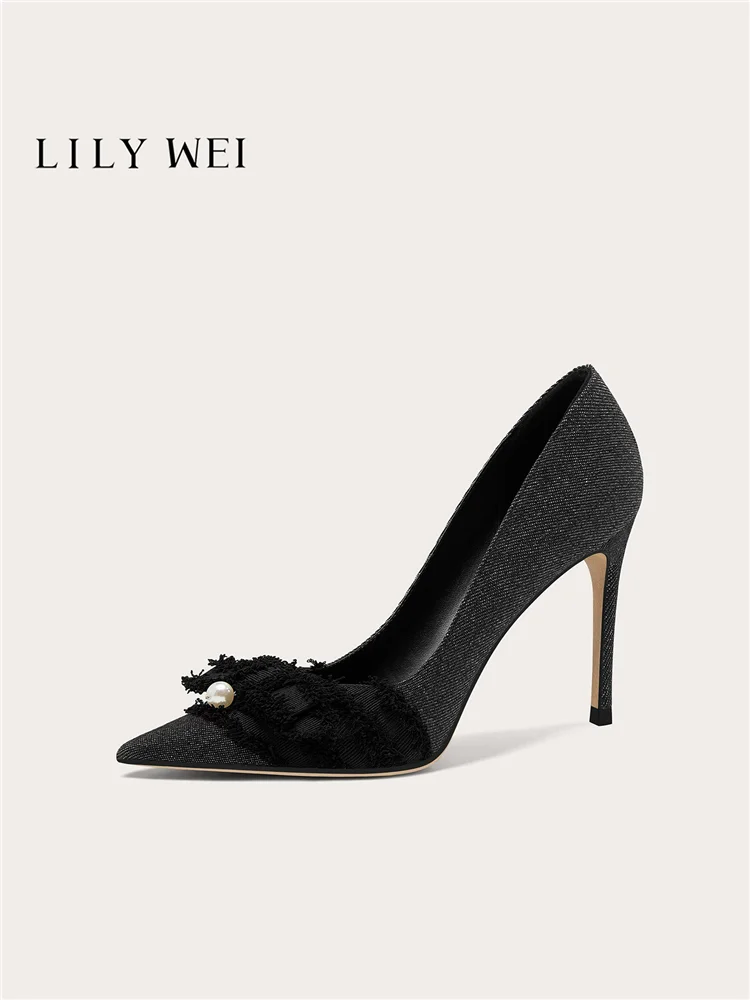 Autumn new pointed shallow mouth denim fabric pearl single shoes banquet large size small size widened high heels women's shoes