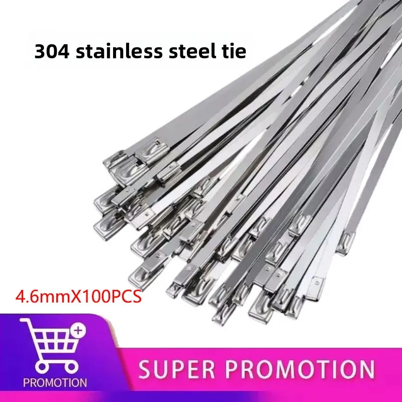 100Pcs 304#Stainless Steel Cable Ties 4.6mm Heavy Duty Self-Locking Cable Zip Tie Multi-Purpose Metal Exhaust Wrap Locking Ties