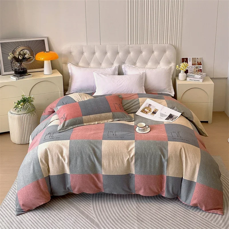 1Pc Modern Red Grey Grid Printed Duvet Cover Geometric Queen Size Quilt Cover for All Season Zipper Closure Breathable Easy Care