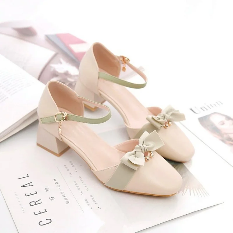 Frühling Sommer Schleife Absatz-Sandalen |   Süße Pumps mit spitzer Zehenpartie und Ausschnitten |   Vielseitige Party-Tanzschuhe mit mittelhohem Absatz für Damen
