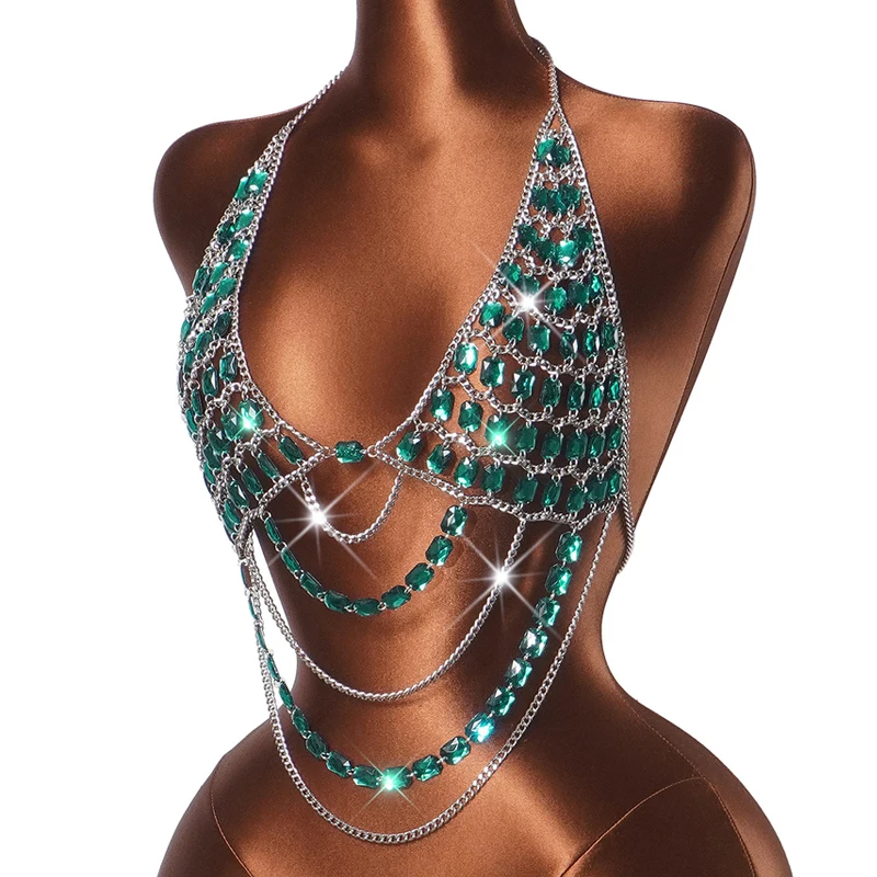 Damen Strass-Körperkette Top mit Neckholder, mehrschichtiges Kristall-Harness-Crop-Top, sexy Edelstein-Cami-Set für Damen – Detail 7