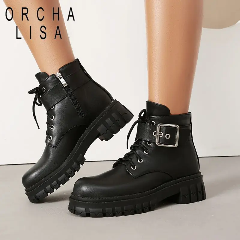 

ORCHA LISA REAVE CAT British Female Ankle Mortorcycle Boots Round Toe 4.8cm Thick Sole Zipper Lace Up Belt Plus Size 41 42 43