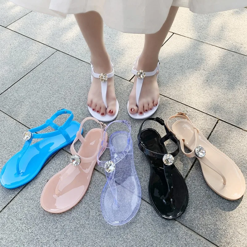 Size 36-42 Women Girls Jelly T- Tied Sandals INS Hot Sales Colorfull Diamond Transparent PVC Summer Berach Flip-flop Shoes