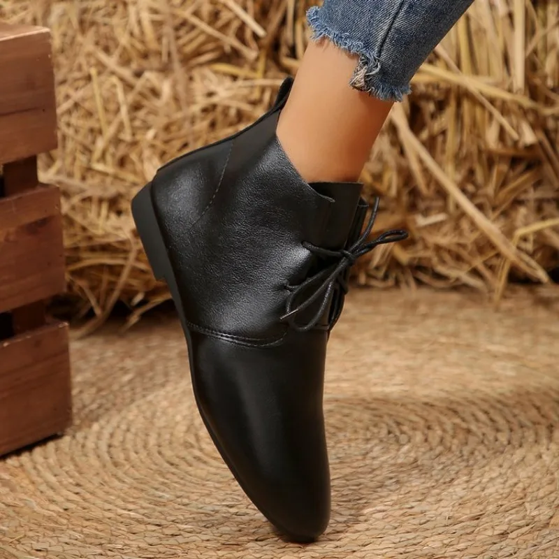 British Style Lace Up Boots for Women flat shoes 2024 Winter New Women\'s  Soft Casual Leather Shoes Simple and Versatile Ladies