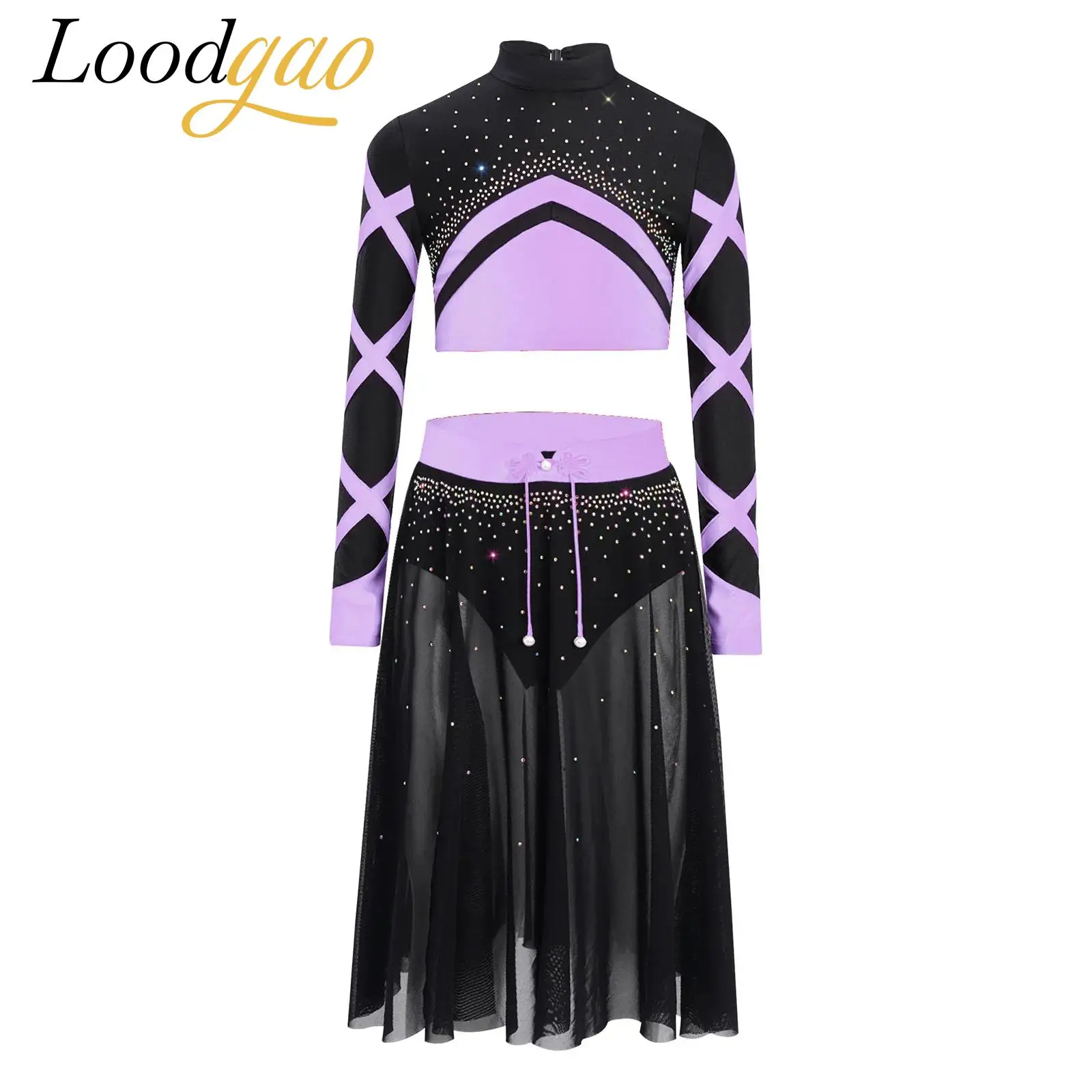 Vestido de patinaje artístico para niños, Top corto de malla transparente con falda Irregular, traje moderno de Ballet para niñas, disfraz de actuación de danza lírica