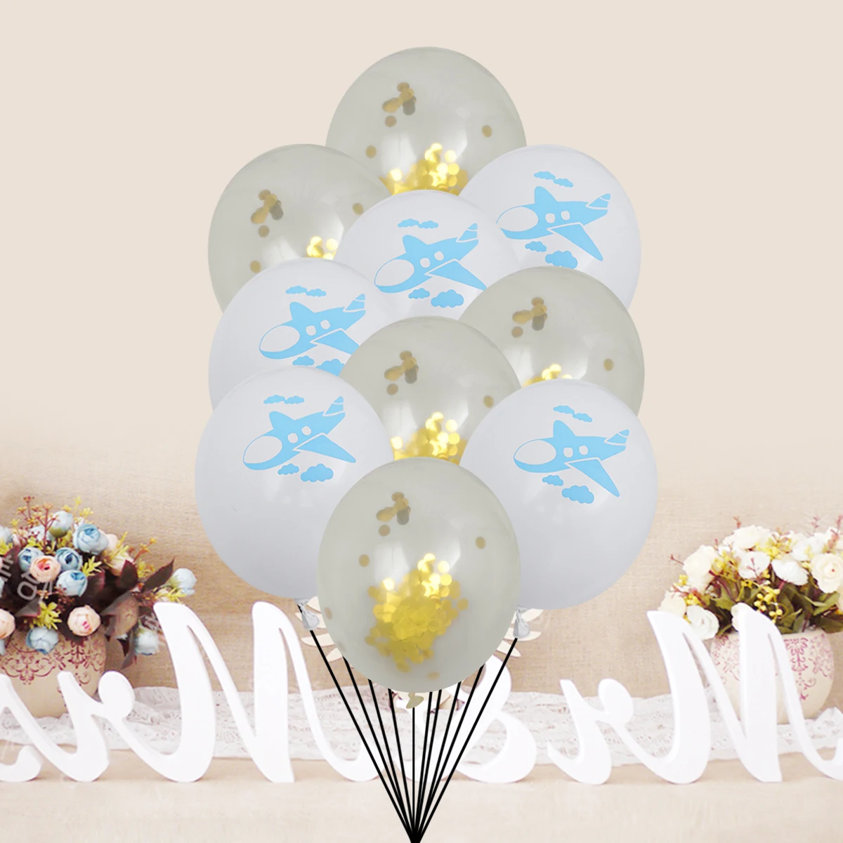 

10PCS Sequins Latex Balloons Confetti Decor Airplane Cloud White Golden Balloon Combo Baby Shower Boy Birthday