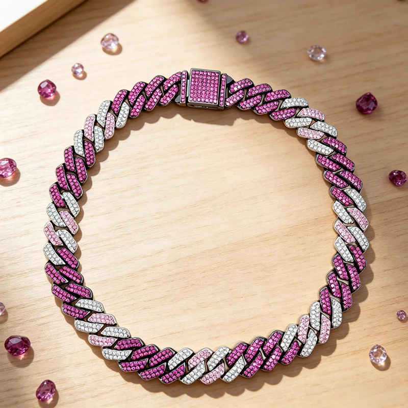 Extra Wide Triple-Tier 3 Shades Pink Clear CZ Cuban Choker Layered Iced Miami Link Hip Hop Couple Unisex Party Statement Jewelry