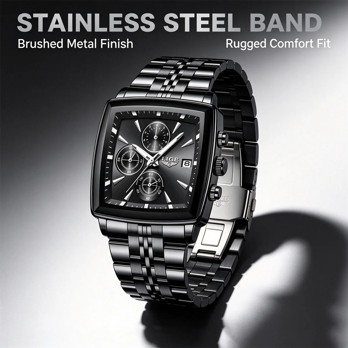 LIGE Luxury Square Dial Men Quartz Wristwatch Fashion Stainless Steel Man Business Watches With Calendar Reloj Hombre Box
