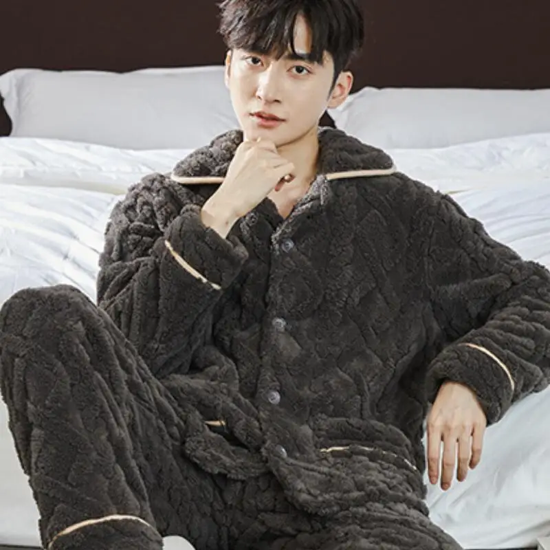 

man clothing fashion man pajama set winter fleece-lined Large pajamas sweatshirt Loose bathrobe homewear casual shirt wholesale