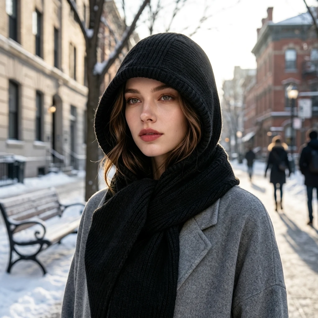 Adults Balaclava Hooded Scarf Winter Warm Ear Cover Thick Knit Pullover Hat for Men Women Cycling Commuting Cold Weather