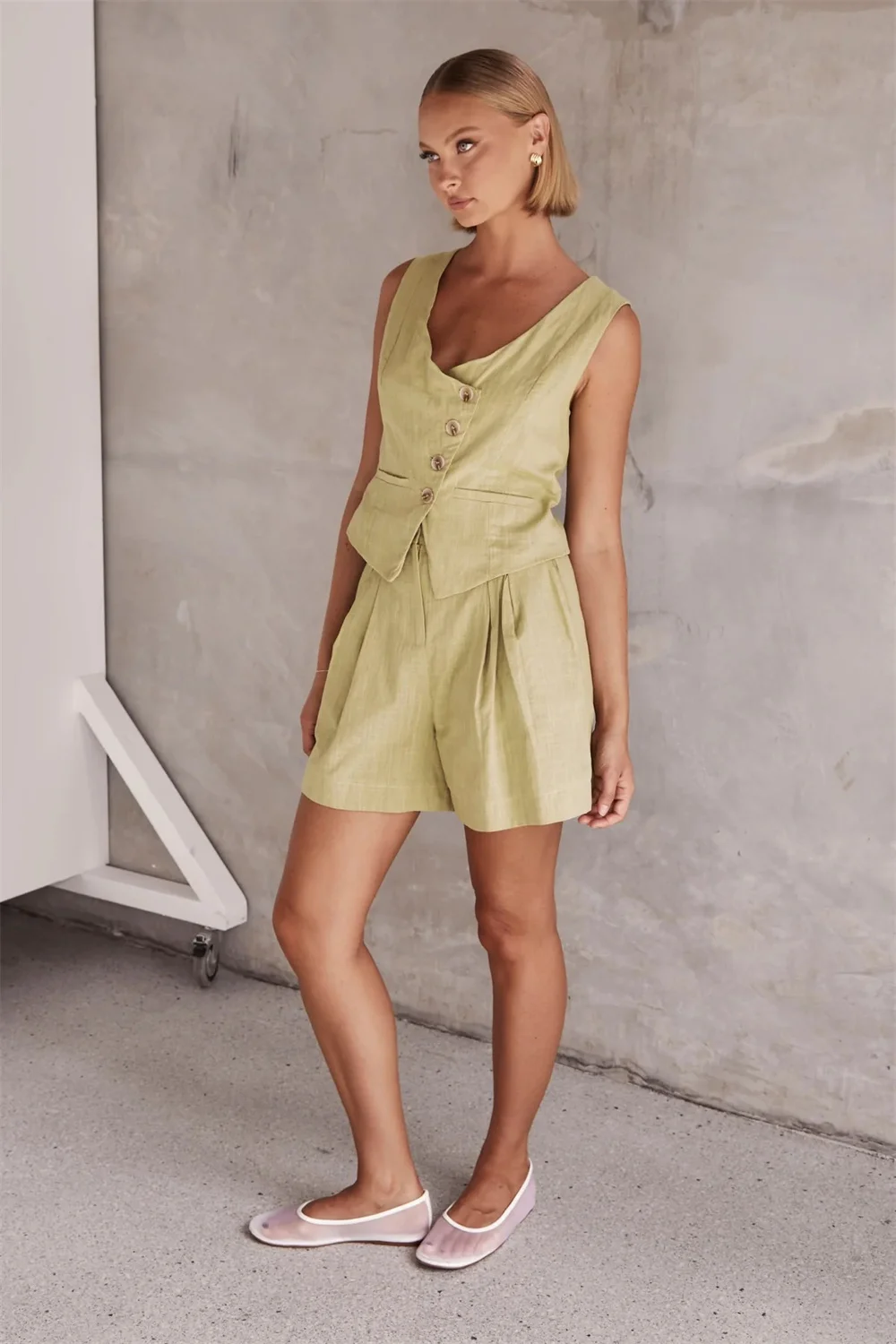 Women Linen Vest Shorts Two Piece Set 2024 Summer Casual V-neck Sleeveless Single Breasted Waistcoat High Waist Shorts Suit