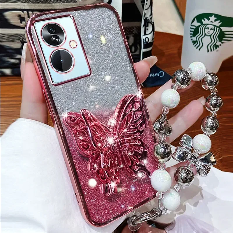 3D Butterfly Phone Holder Bead bracelet Glitter Case for Motorola Moto G85 G 85 G84 G83 G04 G14 G24 G34 G54 G73 E14 Stand Cover