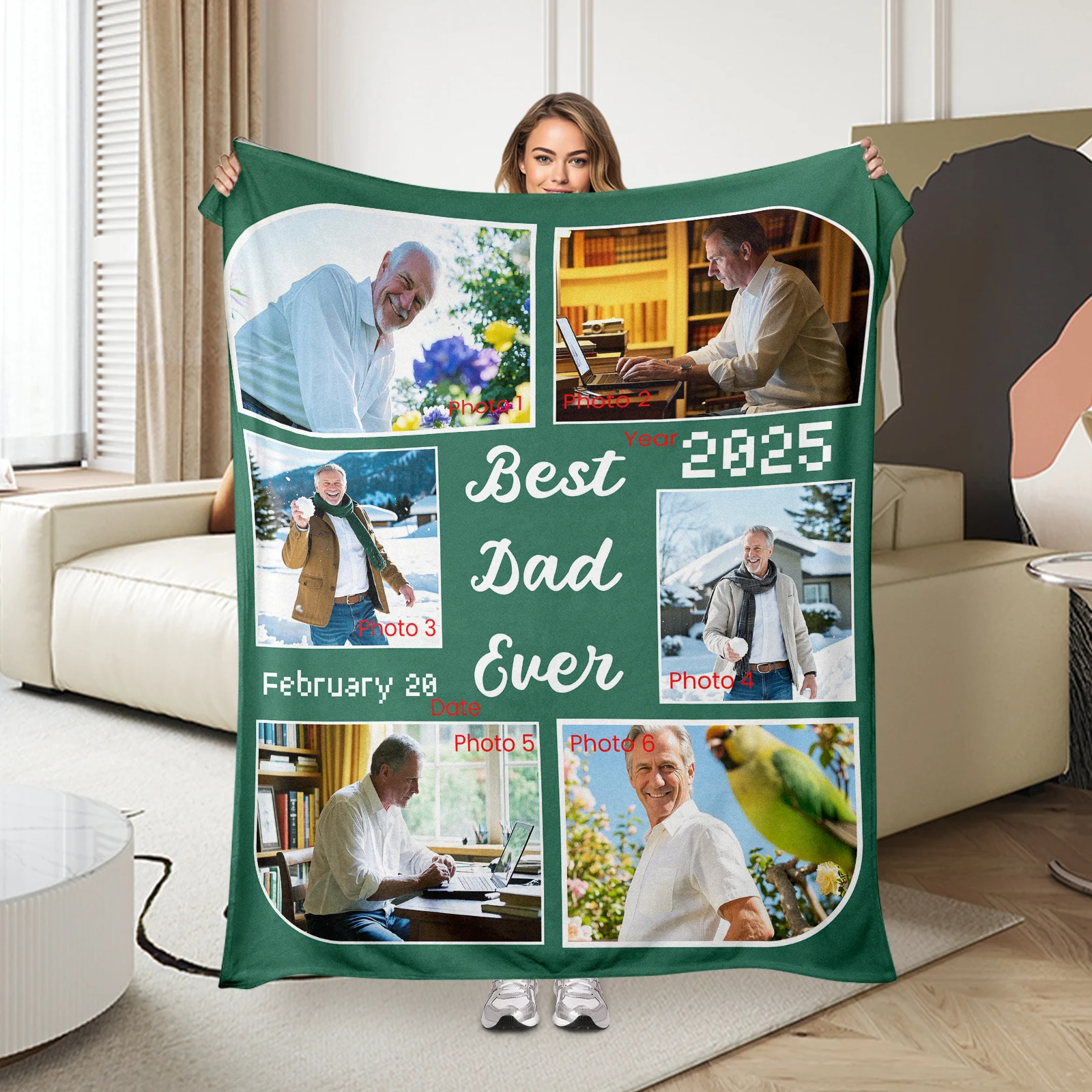 

Customizable With 6 Photos And 2 Text Warm Blanket For Father Add Precious Photos Bring Endless Warmth