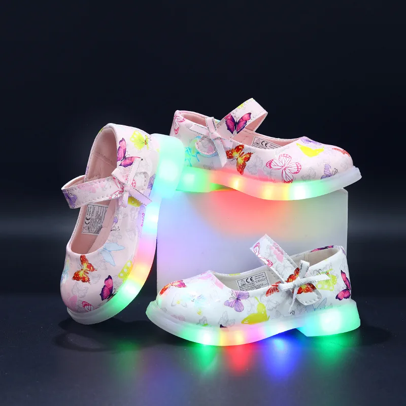 

Детская повседневная обувь со светодиодной подсветкой, весенняя обувь из искусственной кожи с мультяшным принтом для девочек, противоскользящая бежево-розовая обувь на липучке, размер 21-30