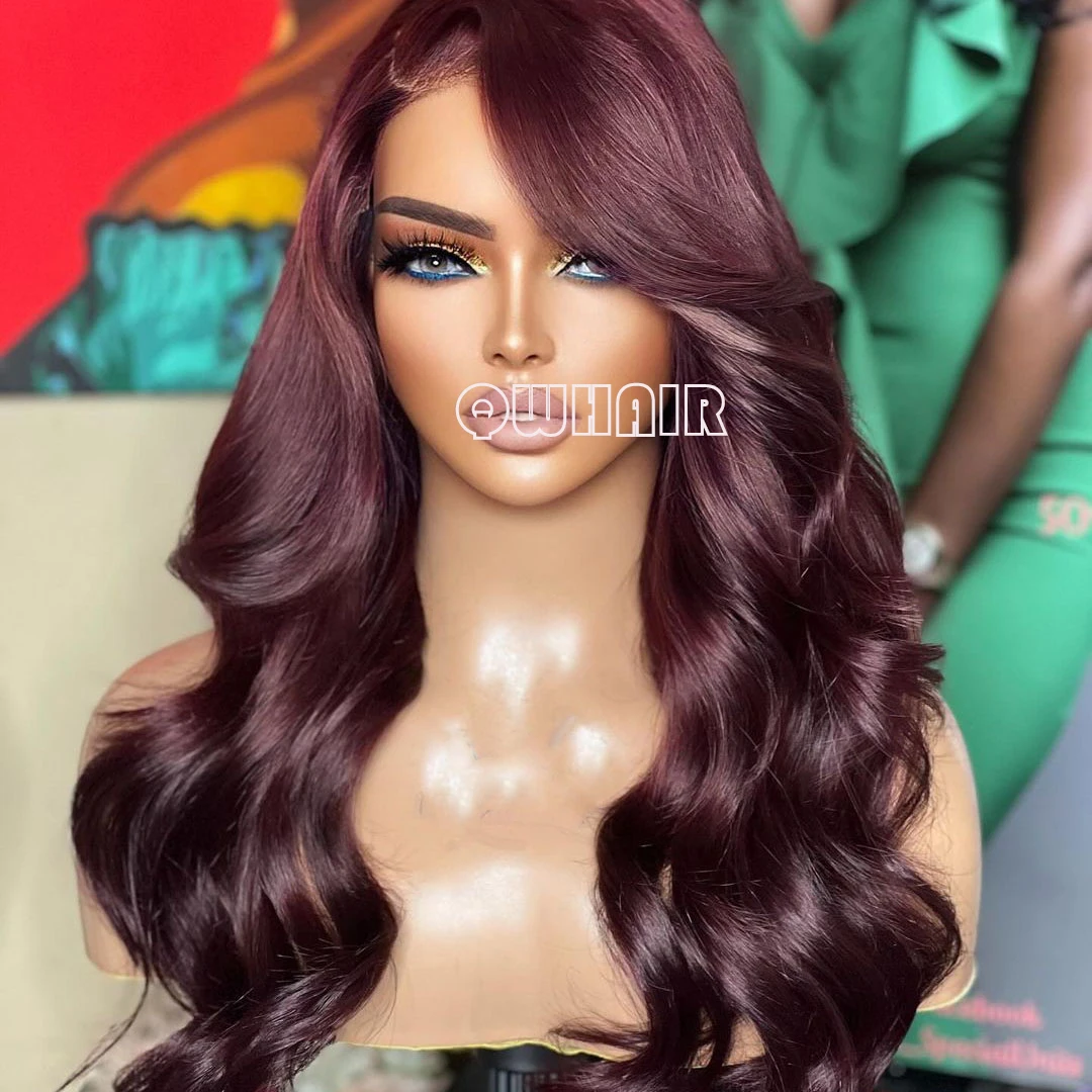 

QW Synthetic Hair Burgundy Dark Red Loose Wave Soft 13X4 Lace Front Wig For Women Hair Heat Resistant Fiber Cosplay Daily