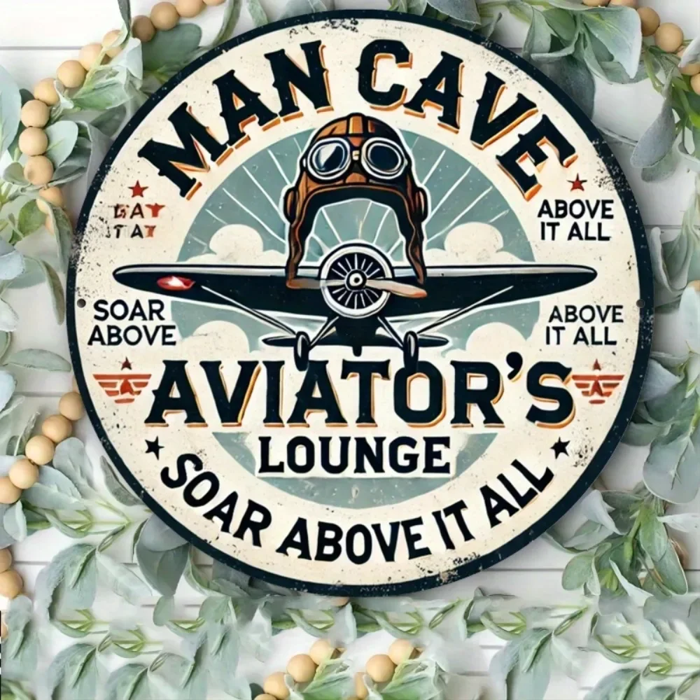 AviationPilotPlaque 1 Stück 20,3 x 20,3 cm Vintage-Wandschild aus Eisen – Pilot- und Doppeldecker-Design, Text „Man Cave/Pilot's Lounge“.