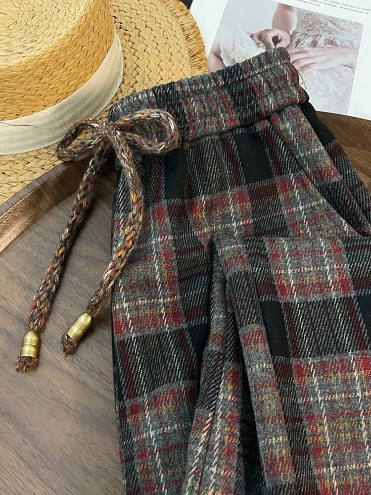 Ropa de calle Retro, pantalones a cuadros para mujer, pantalones rectos holgados de Hip Hop con cordones, pantalones de pierna ancha informales Vintage Harajuku Bf de cintura alta