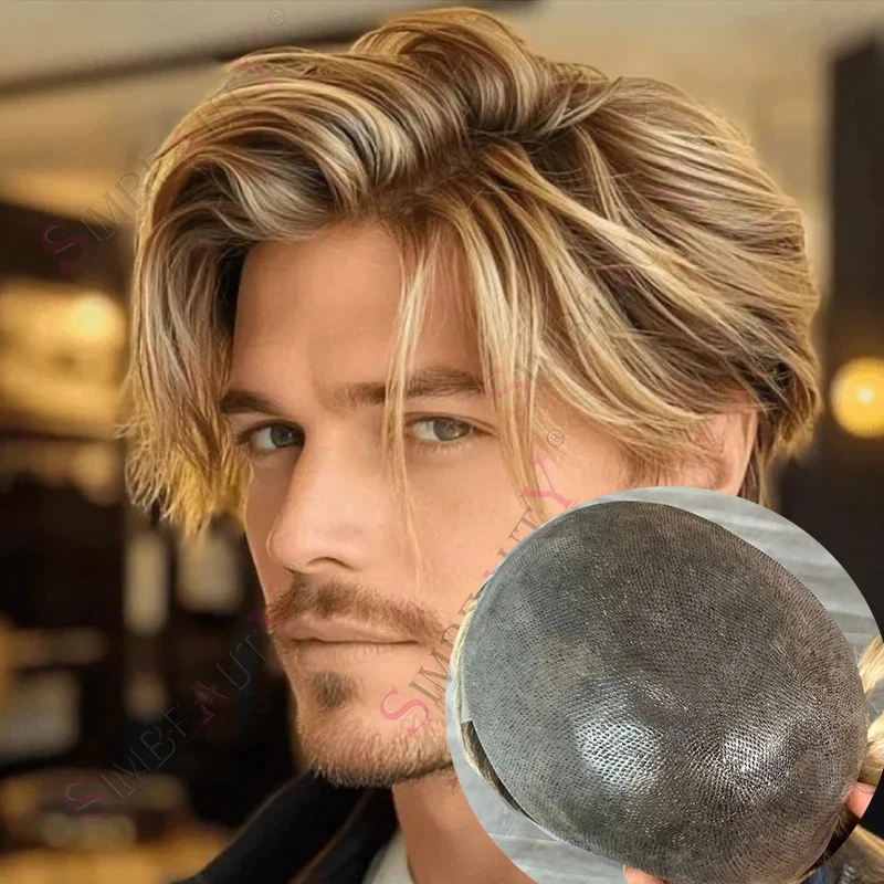 

#4T613 Ombre Blonde100% Human Hair Men Toupee Capillary Prosthesis Undetectable Vloopes 0.06MM Skin PU Base Grey Male Hairpieces