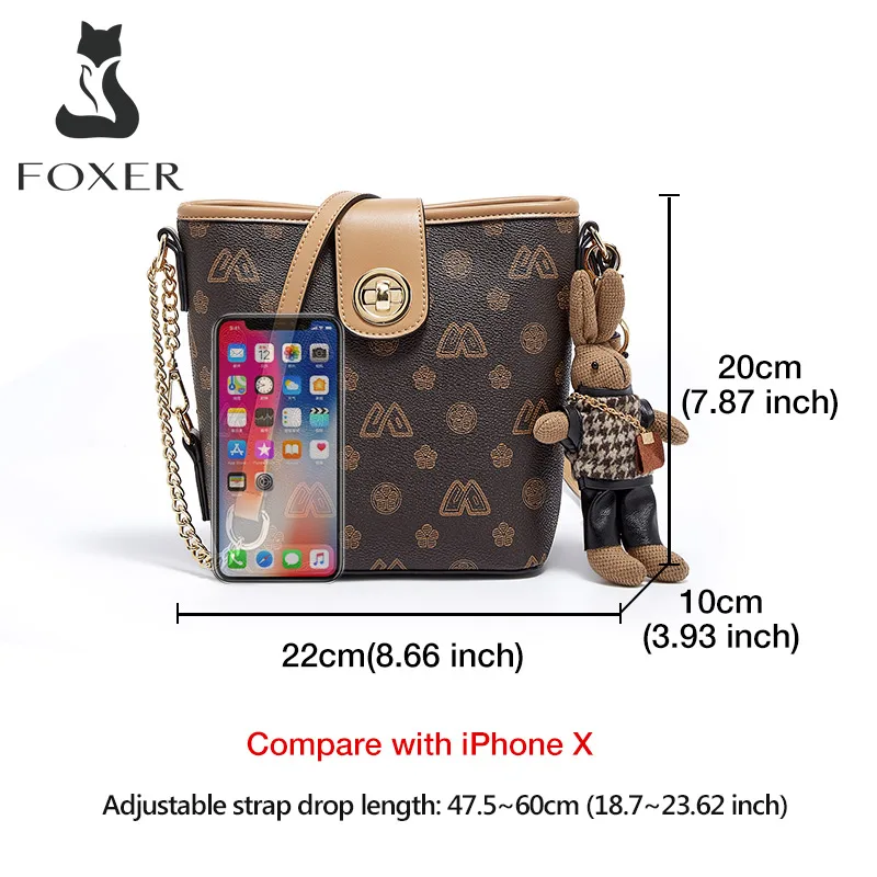 FOXER Women\'s PVC Crossbody Shoulder Bags Lady Small Bucket Bag Fashion Girls Messenger Bags High Quality Phone Bag with Pendant