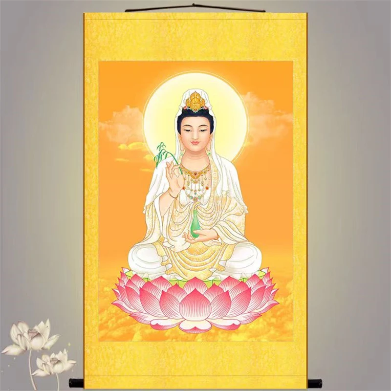 

Высокое разрешение, картина Avalokitesvara статуя бодхисаттвы, белая гуанин, шелковая картина-свиток, благоприятный домашний декор
