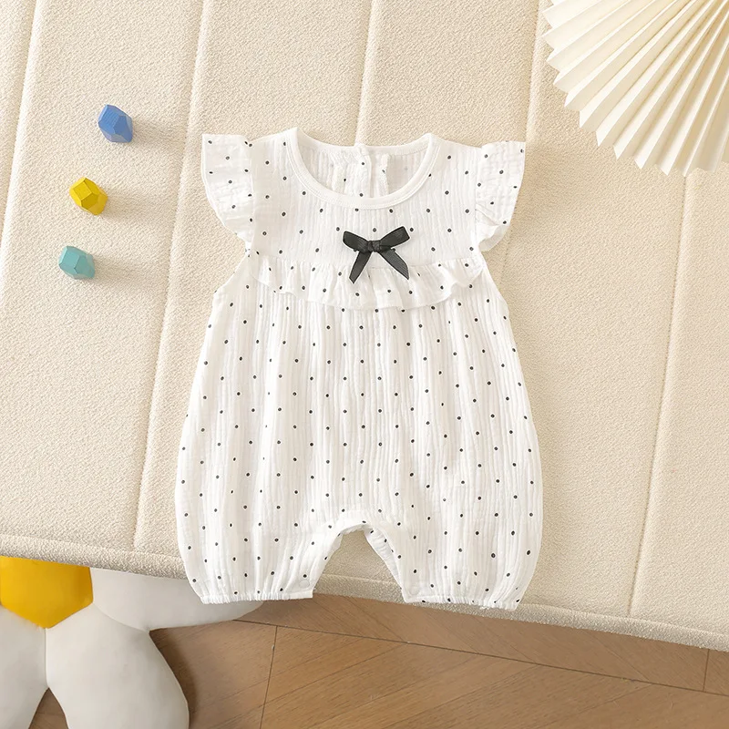 2026 Summer Girls 100% Cotton Soft Bodysuit 0-24M Newborn Dot Bow Flutter Sleeve Romper Breathable Baby Clothing