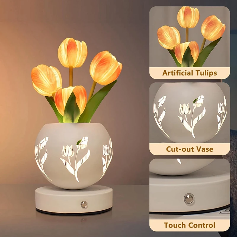 Tulip Night Light  Artificial Flower Desk Lamp With Cut-Out Vase USB Charging 3 Color Stepless Dimming Up Cute Table Lamp