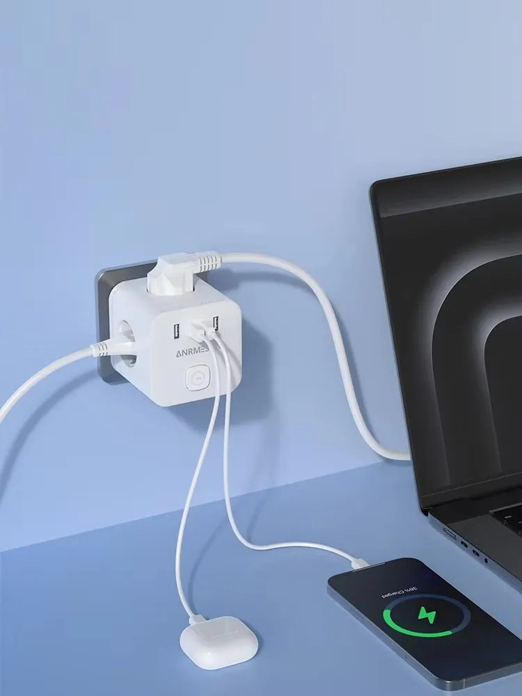Listwa zasilająca z wtyczką EU, gniazdo ścienne z 3 gniazdami AC + 2 USB QC 17W + 2 Type C PD 20W, szybka ładowarka 7-w-1 z przełącznikiem włącz/wyłącz. — zdjęcie produktu 7