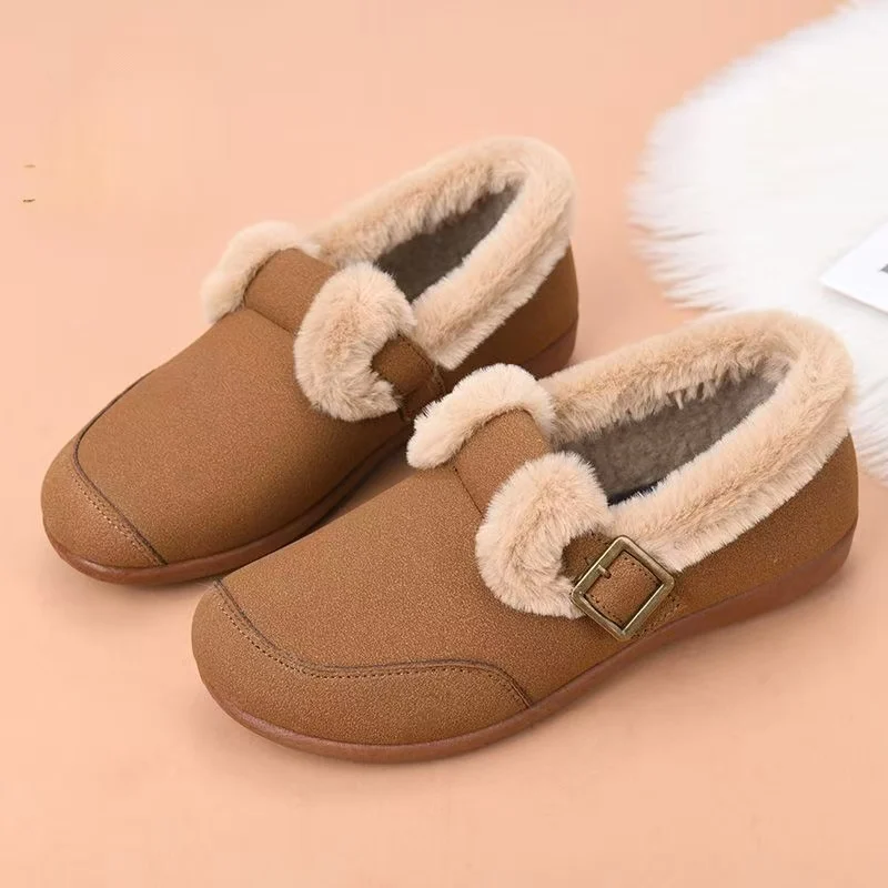 

Women Shallow Flat Sole Cotton Shoes Winter New Soft Sole Non Slip Round Toe Slip On Plush Keep Warm Elderly Cotton Shoes