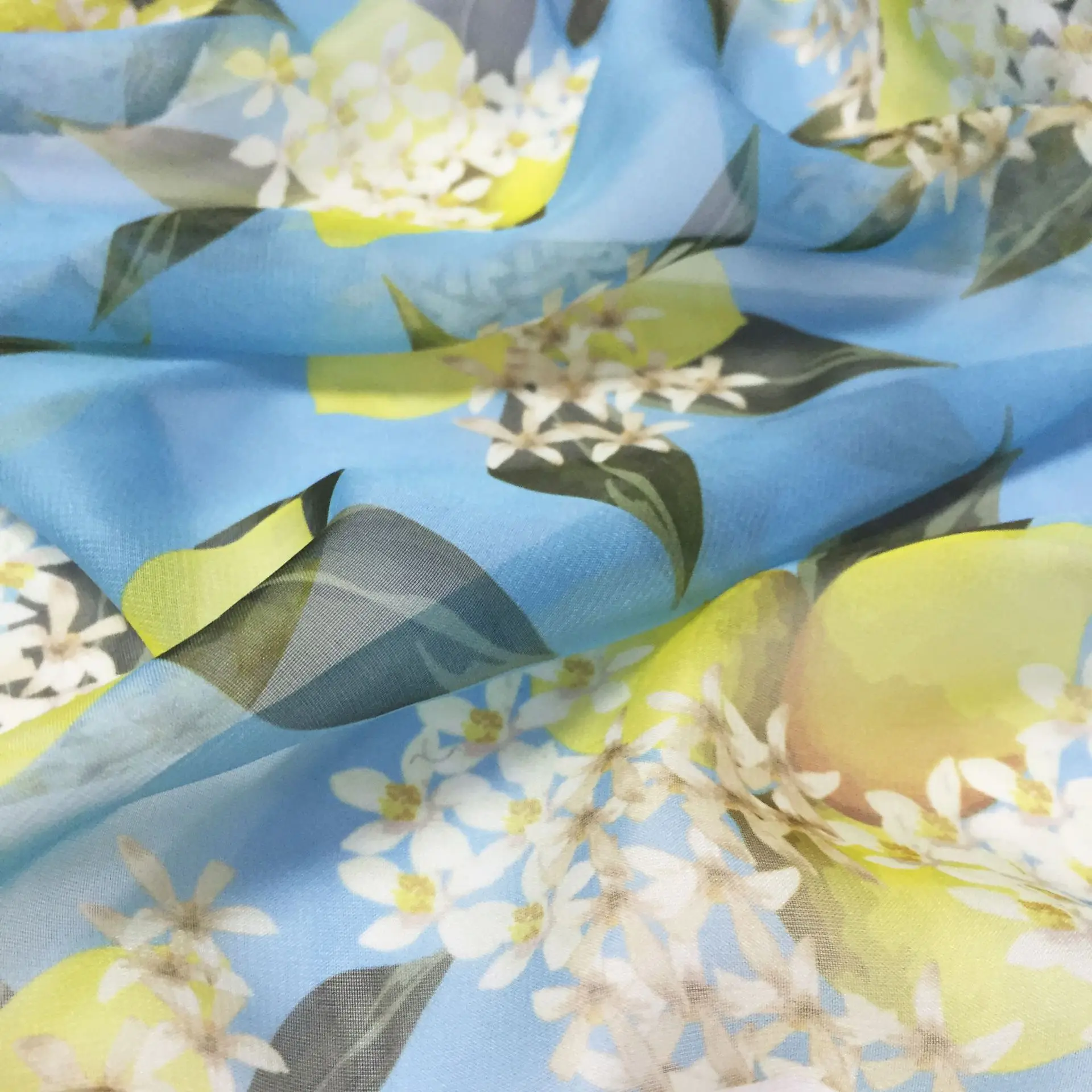 Spring and summer European and American brands hand-painted lemon flower-shaped thin material digital printing handmade fabric