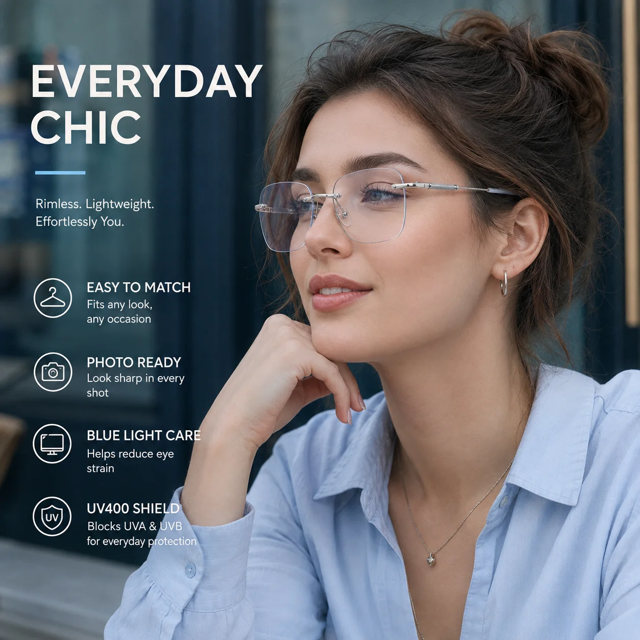 Photochromic Rimless Glasses Women UV400 Blue Light Blocking Eyewear Lightweight Metal for Travel Beach Vacation Daily Photo