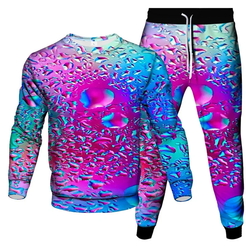 Men\'s Fashion Outfit 3D Printed Drop Pattern Casual Sweatshirt Jogging Pants 2 Sets Of Neutral Crew Neck Breathable Tracksuit