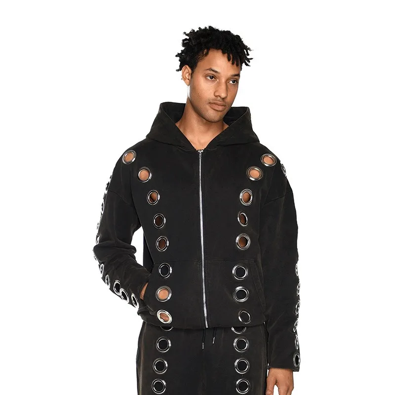 Autumn and winter new American style cool hollow out design zipper style jacket sweatshirt simple daily versatile