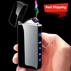 Outdoor Metal Electric Touch Sensing Lighter Windproof Dual Arc LED Display Flameless Plasma USB Rechargeable High Power Lighter