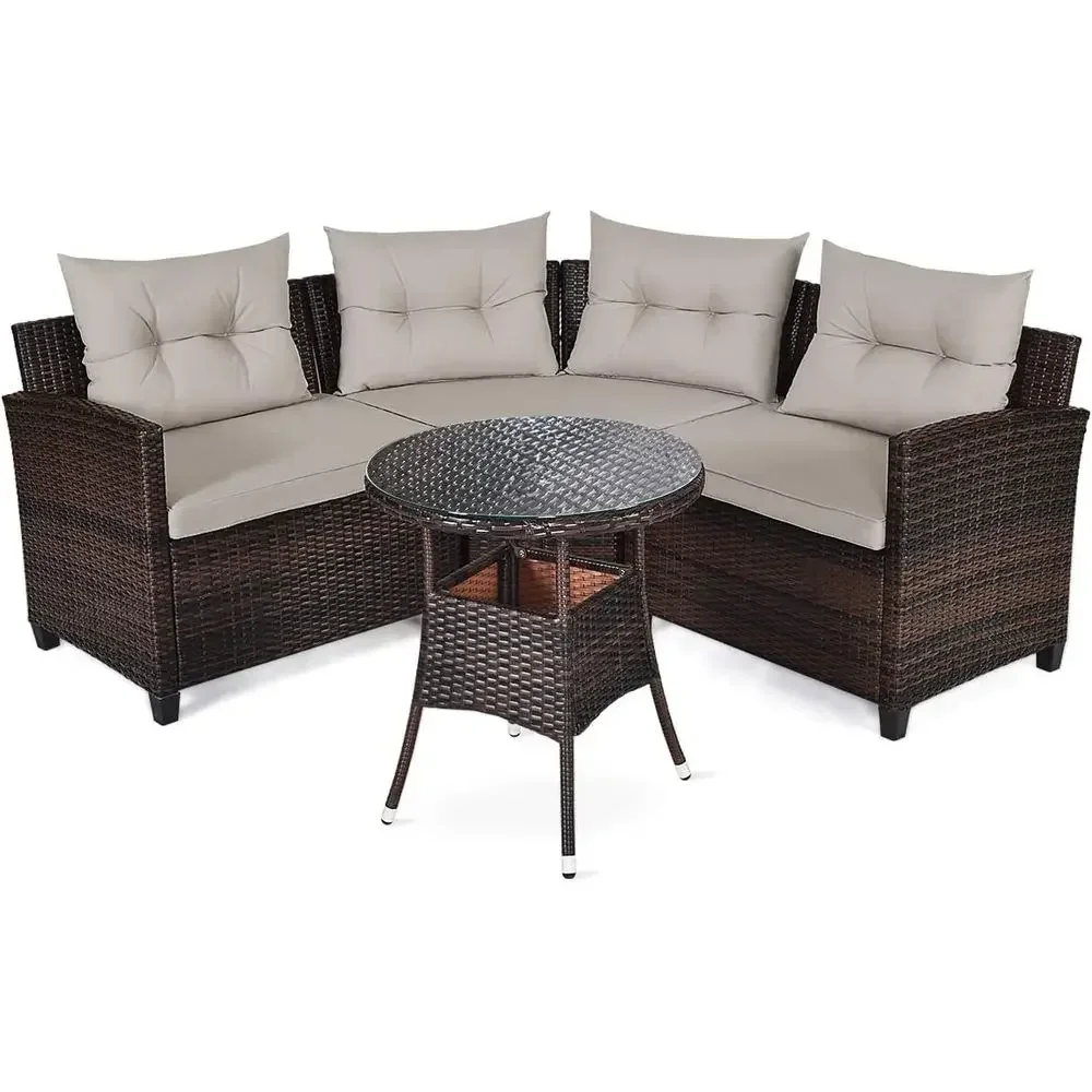 4-Piece Rattan Outdoor Furniture Set with Cushioned Sofas and Coffee Table for Patio, Garden, or Poolside