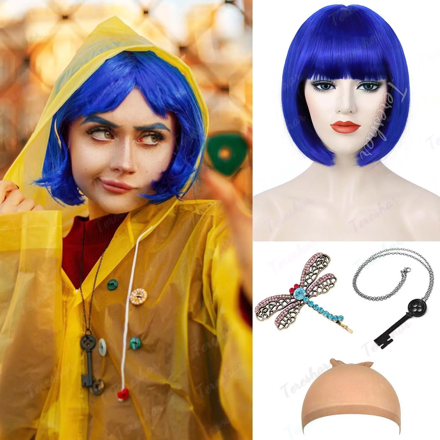 Synthetic Dark Blue Bob Coraline Costume Wig+Dragonfly Hairpin+Key Necklace, Bob Wig with Bangs for Party Halloween Cosplay Wig