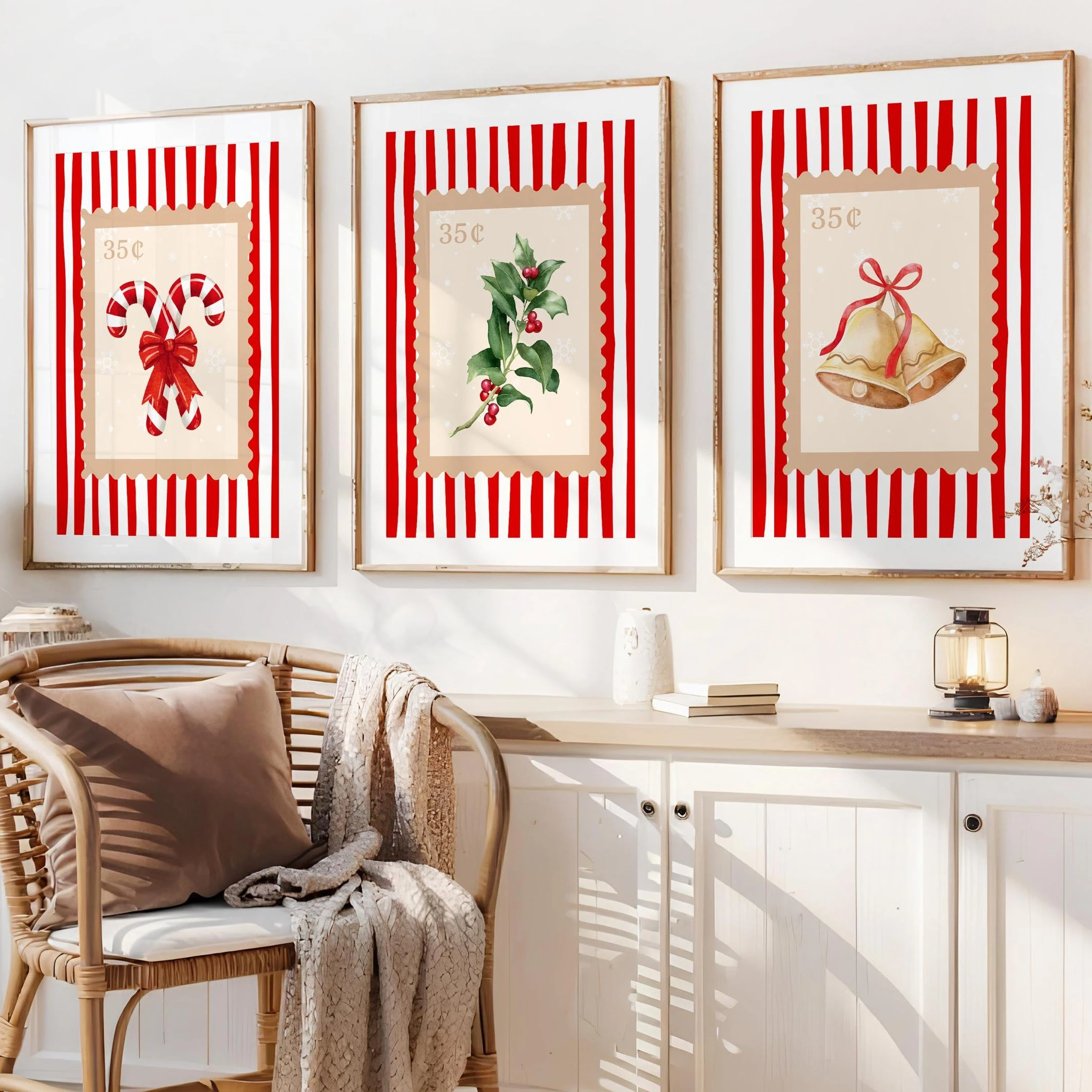 Christmas Stamp Prints Set of 3 Retro Christmas Wall Art for Trendy Holiday Decor Canvas Poster Prints Home Bedroom Decor Gift