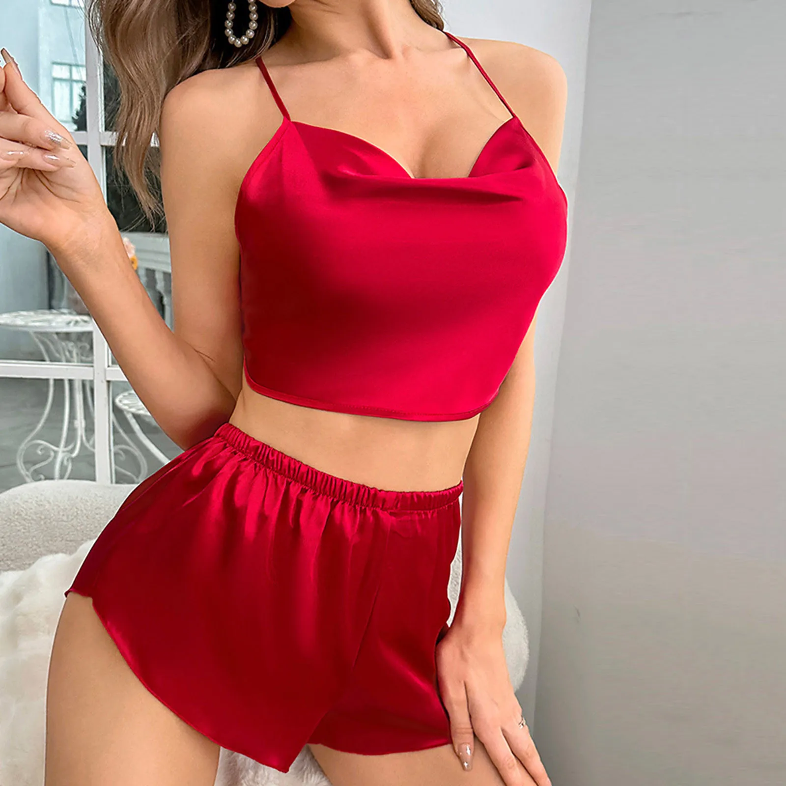 Conjunto de pijama de cetim sólido feminino, top Cami Strappy Backless, calções de cintura elástica, roupas loungewear femininas