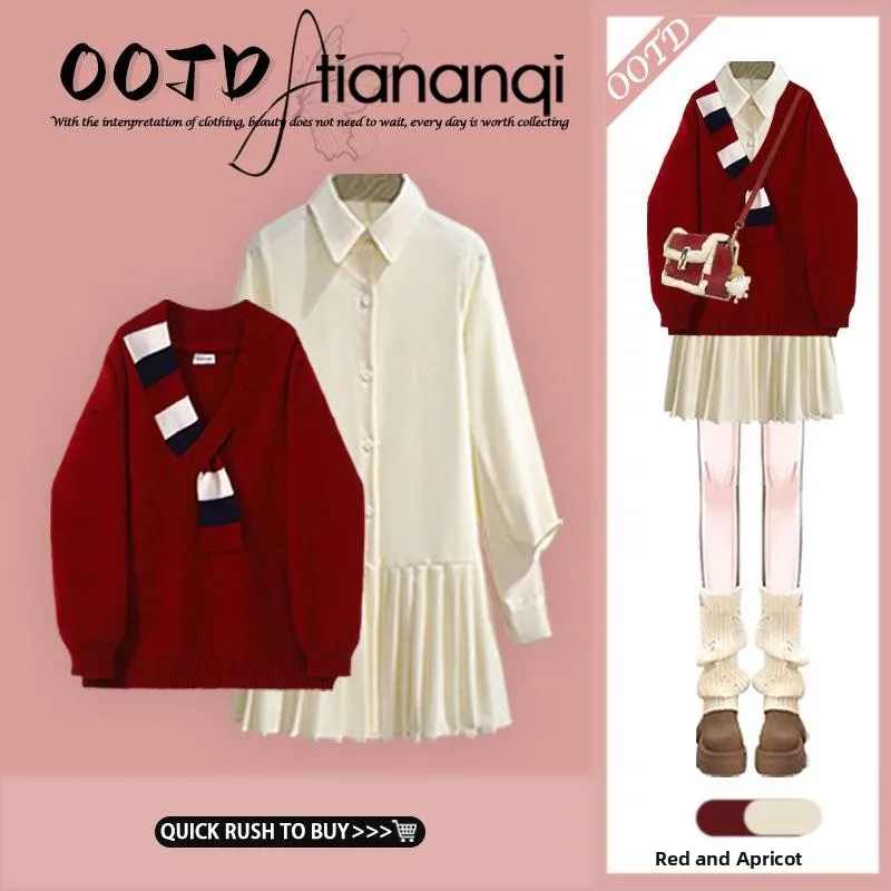 

Red Sweater irt Dr Set Korean Sle Autumn Winter Faion Ensemble Long Sve V Ne Button up High End Feeling Women's...