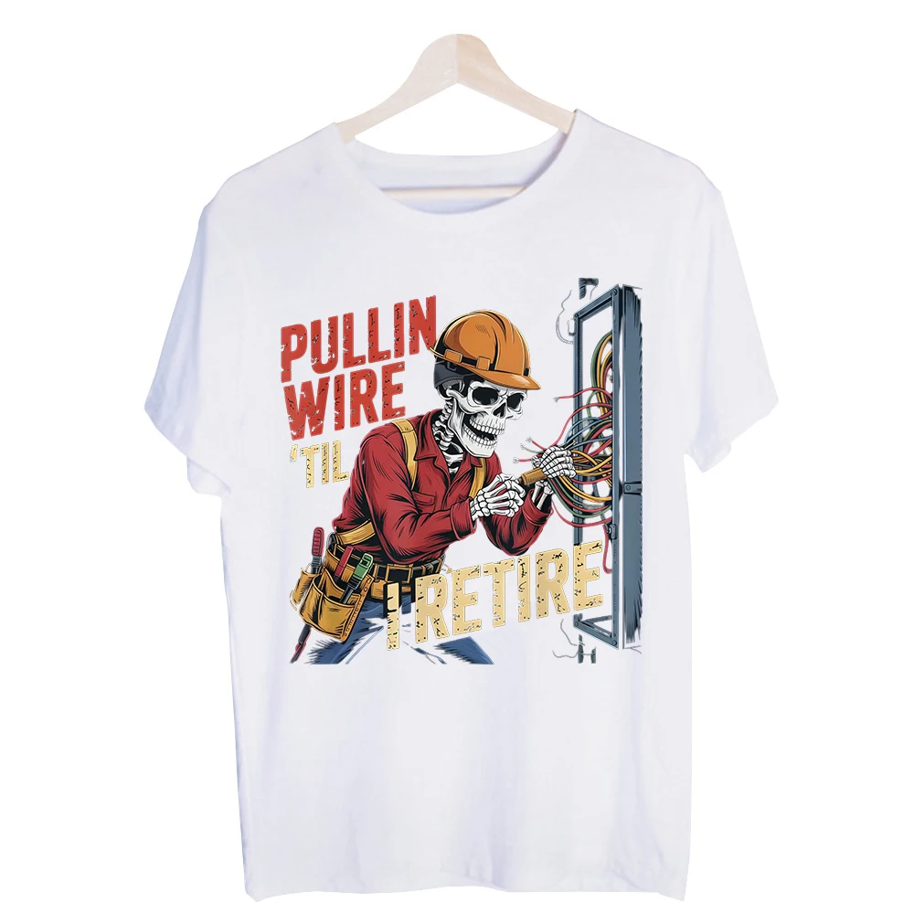Men's Skull Electrician Graphic Tee, Short Sleeve Crew Neck T-Shirt for Casual Workwear and Daily Outfits