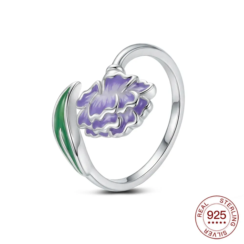 925 Sterling Silver Purple Transparent Epoxy Carnation Ring Adjustable Hypoallergenic Floral Romantic Jewelry Gift For Women