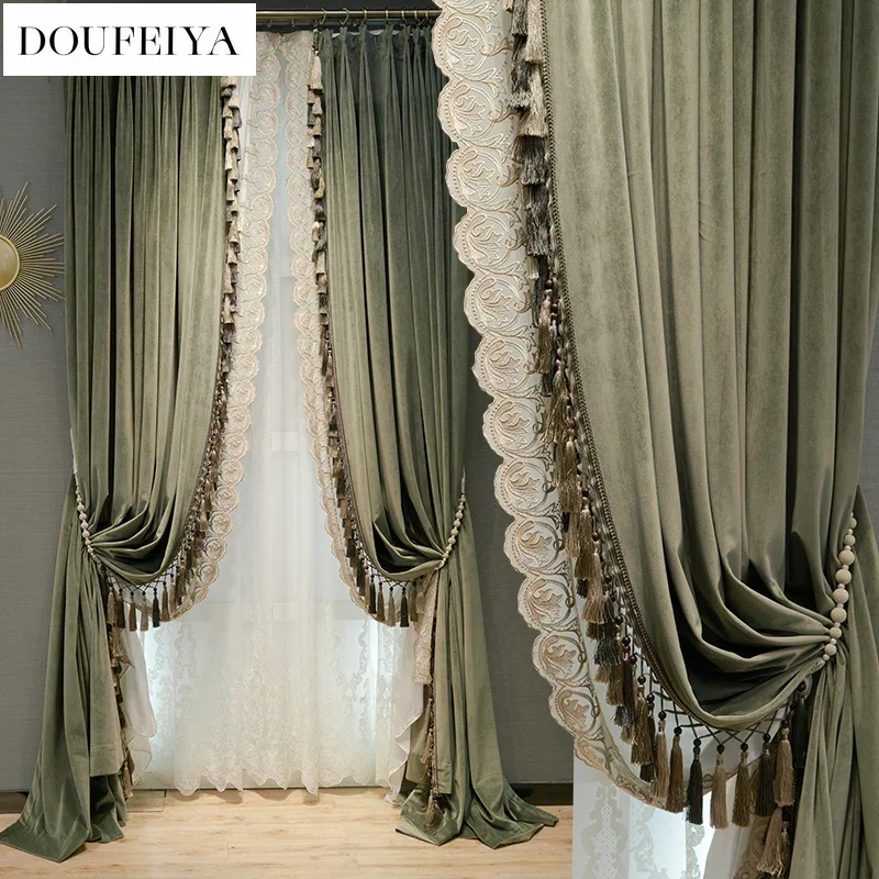 Vintage Green Velvet Luxury Thickened European Style Blackout Curtains For Living Room Bedroom Dining Custom Size White Tulle