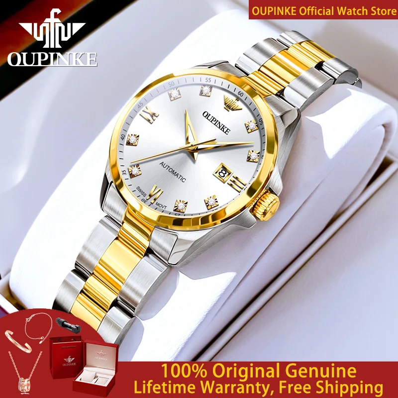 

OUPINKE 3199 Real Diamond Swiss Movement Women Watch Luxury All Automatic Mechanical Watch Sapphire Elegant Women Bracelet Set