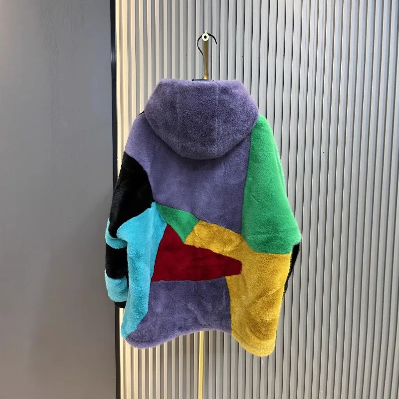 Fashion Casual Mid-Length Hooded Color-Block Versatile Faux Fur Coat Womem's Winter New Long Sleeves Colorful Loose Furry Jacket