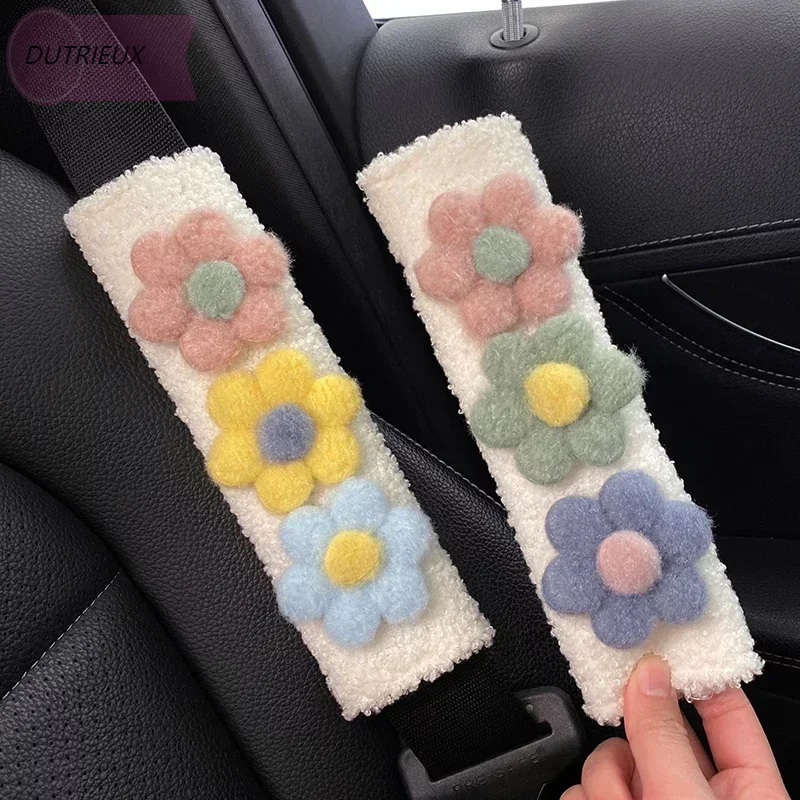 Plush Car Seat Belt Cover Shoulder Strap Flowers Styling Soft Plush Harness Cushion Artificial Lamb Auto Seat Belt Shoulder Pad