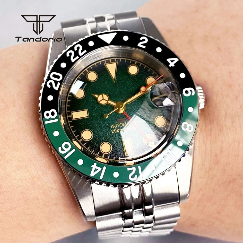 Tandorio Automático NH34 Reloj GMT de acero de 38 mm para hombre Zafiro con cúpula 20ATM Fecha de buzo Reloj de pulsera mecánico con bisel 24H resistente al agua